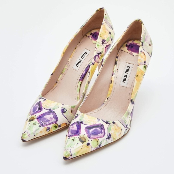 MIU MIU Patent Leather Jewel Printed Pointed Toe Heels Size 39 VGUC - Picture 3 of 11